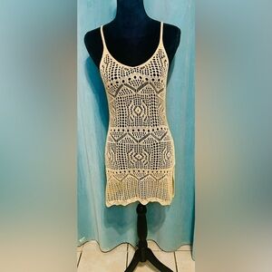 Womens Crochet Mini Dress Tan Size Small Boho Beach Coverup